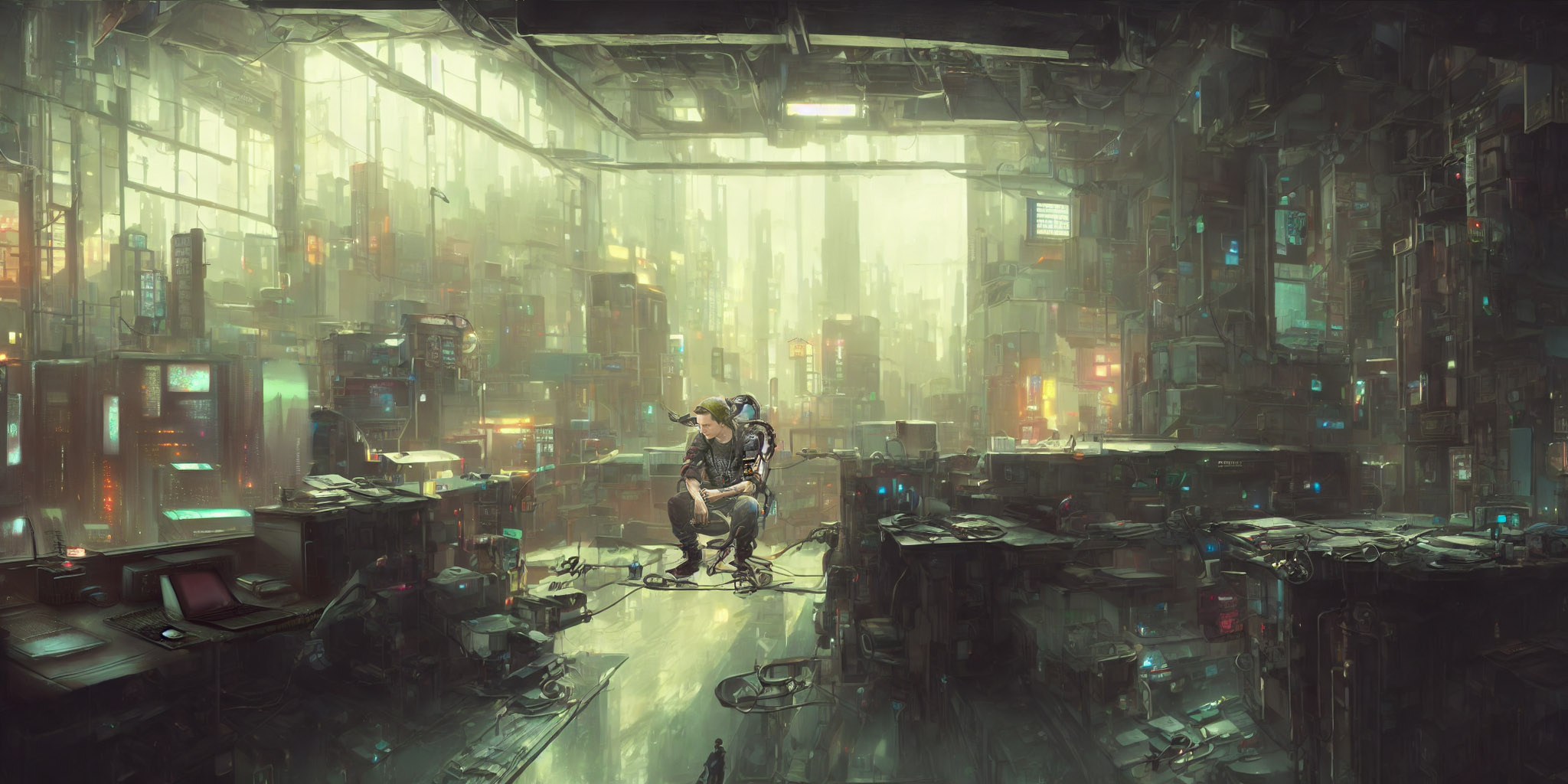 brett marsh the cyborg sitting in a cyberpunk loft